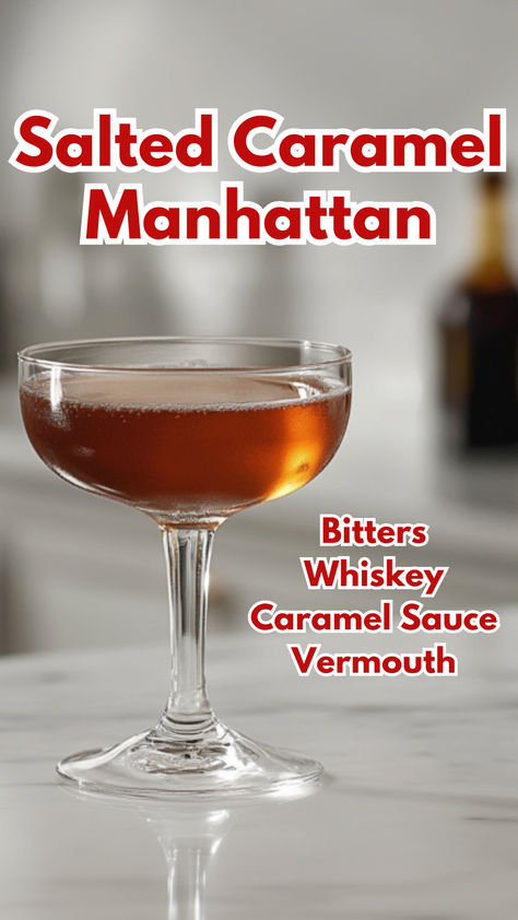 Salted Caramel Manhattan Caramel Whiskey Drink Recipes, Vermouth Cocktails, Manhattan Cocktail Recipe, Whiskey Drinks Recipes, Cocktail Cards, Vermouth Cocktail, Orange Bitters, Manhattan Cocktail, Classic Cocktail Recipes