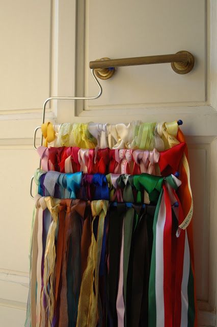 Ribbon Mayhem No More - crafterhours.  Great storage idea for the girls' hair ribbons! Ribbon Organizer, Pants Hanger, Ribbon Organization, Tie Hanger, Office Organization At Work, Ribbon Storage, House Organization, Sewing Storage, Pant Hangers