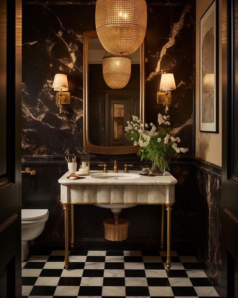 Boujee Interior Design, Old Money Aesthetic Interior Design, Bathroom Eccentric, Moody Marble Bathroom, Powder Room Checkered Floor, Small Master Bath Vanity Ideas, Brewery Bathroom, Boujee Bathroom, Moody Vintage Bathroom