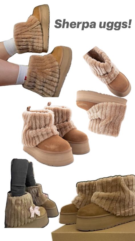 Does anyone know how I can get my hands on these please let me know Mini Sherpa Uggs, Ulta Mini Uggs, Types Of Uggs Shoes, Ugg Sherpa Boots Outfit, Ugg Leg Warmers, Sherpa Uggs, Uggs Aesthetic, Ugg Minis