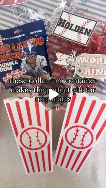 Andrea Clawson on Instagram: "DollarTree find: popcorn container 🍿 transformed into the cutest gift container for baseball teammates ⚾️   I see these popcorn containers all the time at DollarTree and this time I knew I could transform them into the cutest container for baseball gifts.   They are so cute use for a baseball themed birthday too, perfect for party favors!   What I did: 1. I used nail polish remover (100% acetone) to remove the words in the middle  2. I added baseball seams using a red paint marker 3. I added big league chew + World Series ring (pops) + a personalized baseball bag tag   Comment “link” for free printables   Save for inspo + share with baseball moms + follow for more easy ideas for busy moms  #dollartreefinds #dollartreediy  #giftideas #craftymom #craftymama #do End Of Season Baseball Gifts For Players Diy, Surprise Baseball Tickets Gift Ideas, End Of The Year Baseball Team Gifts, Tee Ball Gifts For Players, Baseball Gift Basket Ideas, Baseball Coach Gift Ideas Diy, End Of Season Baseball Gifts For Players, Baseball Ticket Gift, Baseball Gift Basket