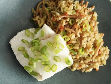 Geoffrey Zakarian Rice Pilaf, Brown Rice Pilaf Recipe, Poached Cod Recipes, Rice Recipes Side, Rice Ideas, Clam Pizza, Poached Cod, Brown Rice Pilaf, Orzo Dishes