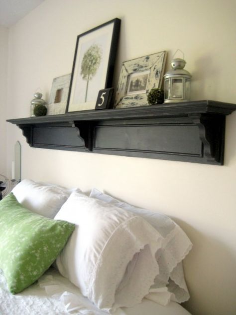 DIY Headboard Shelf, would be great for a guest room Repurposed Mantle, Headboard Shelf, Rustic Shelving, Decorative Shelves, Bedroom Beach, Vintage Shelving, Glam Design, Headboard With Shelves, Over The Bed