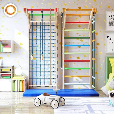 Gymnastics Room In House, Playroom And Workout Room Combo, Diy Indoor Play Gym, Basement Kids Gym, Indoor Gym Ideas, Indoor Jungle Gym Diy, Gross Motor Playroom, Indoor Trampoline Playroom, Kids Obstacle Course Ideas