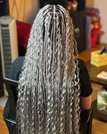 25 Beautiful Gray Braids Hairstyles For Women Over 50 To Try In 2024 Braids For Grey Hair Black Women, Grey Boho Braids, Gray Braids Hairstyles, Grey Braids Hairstyles, Gray Knotless Braids, Gray Locs Black Women, Grey Braids For Black Women, Black And White Box Braids, Gray Braids