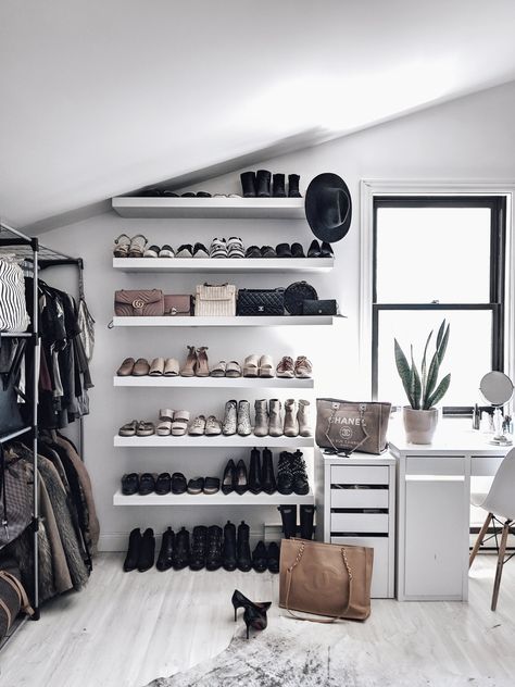 Black Window Trims, White Wall Shelves, Shoe Room, White Bookshelves, Shoe Wall, Ikea Lack, Closet Renovation, Diy Shoe, Shoe Shelves