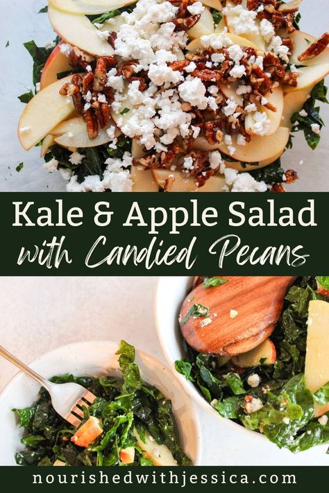 Kale and Apple Salad with Candied Pecans - Nourished with Jessica Fall Kale Salad, Kale Salad With Apples, Kale And Apple Salad, Easy Kale Recipes, Salad With Candied Pecans, Healthy Vinaigrette, Kale Salad Dressing, Kale Apple Salad, Sweet Kale Salad