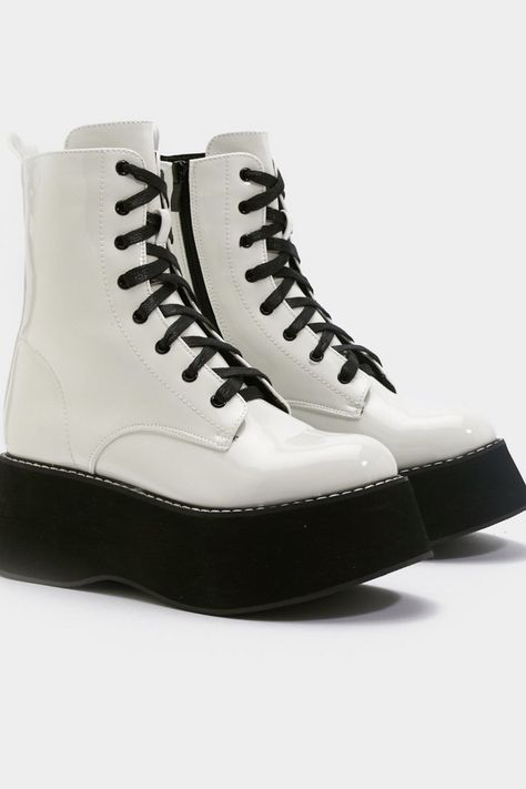 NastyGal white platform boots White Lace Up Boots, White Platform Boots, Hard Summer, Patent Boots, White Platform, Summer Fits, White Boots, Biker Boots, Moto Boots