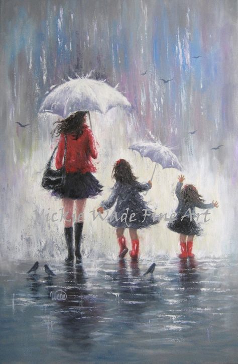 Rainy Day Walk With Mom and Two Daughters” 24″ X 36″ original oil painting on… 가족 일러스트, Girls Painting, Mother Daughter Art, Painting Walls, Rain Art, Umbrella Art, Walking In The Rain, Girls Wall Art, 수채화 그림