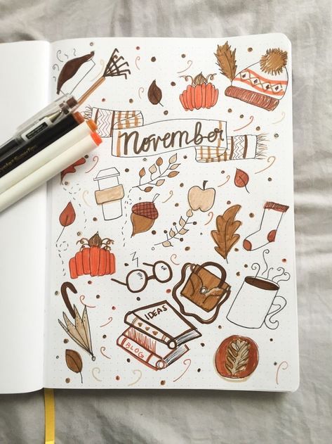 December Bullet Journal Cover, November Journal, Journal Cover Ideas, November Bullet Journal, Cer Nocturn, Autumn Doodles, December Bullet Journal, Bullet Journal Cover, Bullet Journal 2020