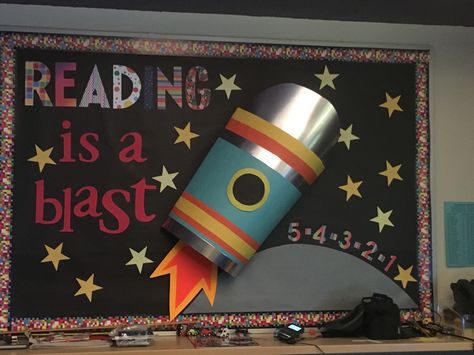 Reading is a blast! Bulletin board Bulletin Board Reading, Reading Nook Classroom, Reading Bulletin Board, Reception Class, Library Bulletin Board, Reading Bulletin Boards, Prek Teacher, Reading Charts, Eyfs Activities