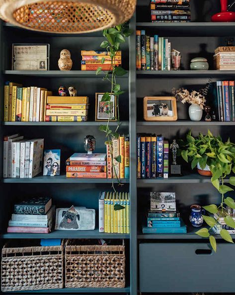 5 IKEA BILLYs Transform This “Wasted Space” Bedroom Corner Painted Bedroom Walls, Corner Bookshelf Ikea, Bookshelf Nook, Plants On Shelves, Painted Bookshelf, Old Brick Building, Ikea Bookshelf Hack, In Home Library, Bookshelves Aesthetic