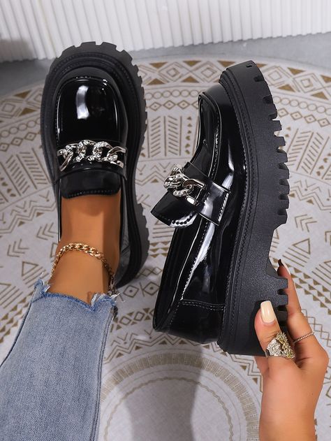 Women's Chunky Heeled Comfortable Round Toe Work Pu Leather Loafers, Autumn Black     Plain    Women Shoes, size features are:Bust: ,Length: ,Sleeve Length: Chunky Shoes For Women, Loafers Shoes Outfit, Loafers Aesthetic, Chunky Clogs, Stylish Shoes Heels, Loafers For Women Outfit, Black Leather Shoes Women, Black Loafer Shoes, Casual Shoes Women Sneakers