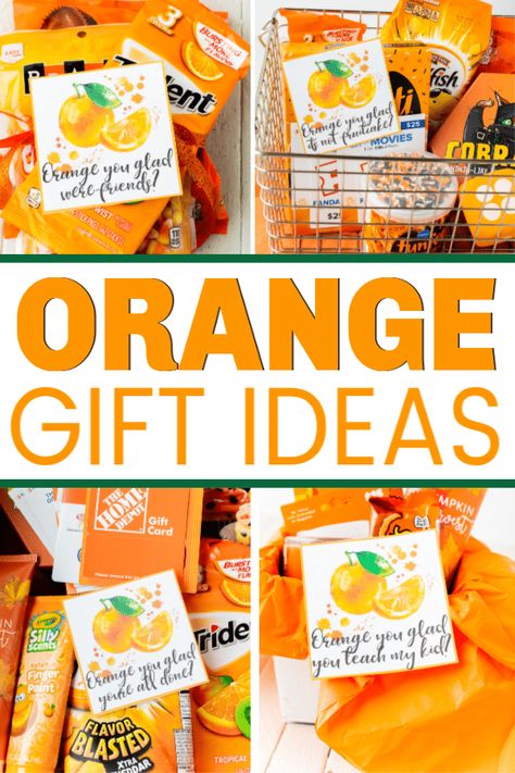 These orange you glad printable gift tags are so cute! Add them to some of the orange gift ideas for one of the best DIY thank you or holiday gift idea ever! Perfect for neighbor gifts, teacher gifts, or even a birthday gift for a friend! Orange You Glad Basket, Everything Orange Gift Basket, Orange Teacher Appreciation Gift Ideas, Color Theme Party Basket Orange, September Gifts For Coworkers, Orange Teacher Gift, Orange You Glad It’s Fall, Orange You Glad It’s Friday, Orange Themed Gifts