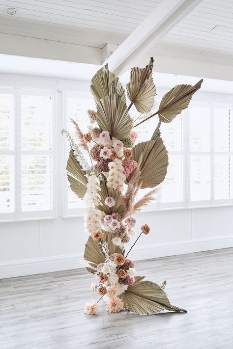 Bramleigh Estate, Wedding Floral Arrangement, Romantic Minimalist, Dried Palm Leaves, Lost In Love, Wedding Backdrop Design, Flower Installation, Floral Arrangements Wedding, Backdrop Design