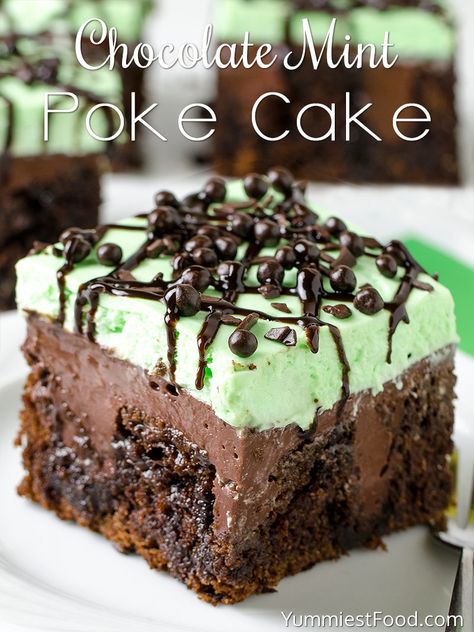 Chocolate Mint Poke Cake - served on the plate Mint Poke Cake, Cake Preppy, Cheesecake Topping, Mint Desserts, Mint Cheesecake, Cheesecake Toppings, Preppy Kitchen, Poke Cake Recipes, Poke Cakes