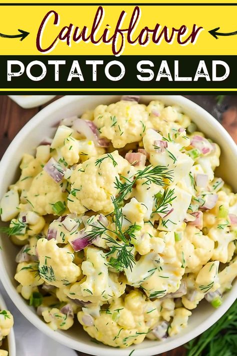 This low-carb cauliflower potato salad is perfect for keto and Whole30 followers! It's creamy, flavorful, and totally irresistible! Mock Potato Salad, Salad Cobb, Cauliflower Potato Salad, Cauliflower Potatoes Salad, Potato Salad Dressing, Recipe Low Carb, Classic Potato Salad, Steamed Cauliflower, Creamy Dressing