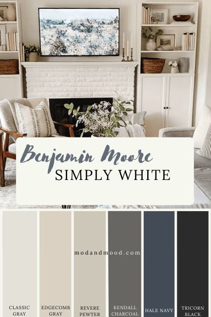 Simply White Color Scheme, Benjamin Moore Simply White Color Palette, Simply White Color Combinations, Bm Simply White Color Palette, Benjamin Moore Palette Color Combinations, Benjamin Moore Paint Schemes, Benjamin Moore Family Room Colors, Living Room Paint Color Ideas Benjamin Moore, Benjamin Moore Simply White Trim