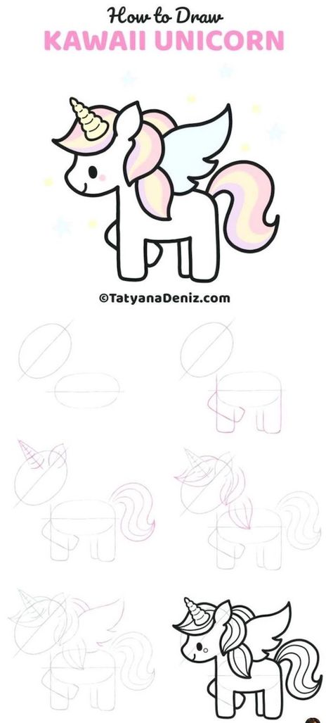 how-to-draw-kawaii-unicorn-step-by-step-diy-tutorial-easy-unicorn-drawing-in-six-steps Unicorn Art Drawing, How To Draw Unicorn, Draw Unicorn, Cute Kawaii Unicorn, Draw A Unicorn, Step By Step Drawings, Unicorn Drawing, Drawing Lessons For Kids, Kawaii Unicorn