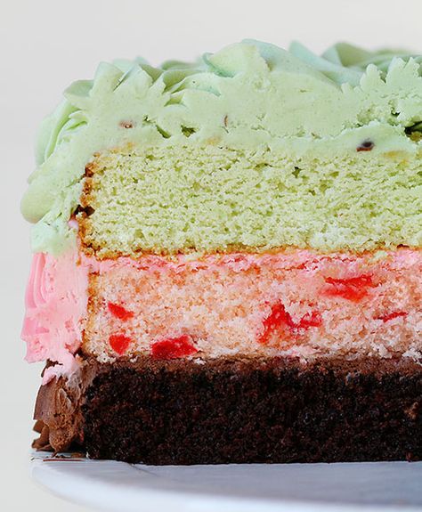 Spumoni (pistachio, cherry almond, and chocolate) Cake Pistachio Cherry Cake, Cherry Pistachio Cake, Spumoni Cake, Cherry And Almond Cake, Fab Cakes, I Am Baker, Pistachio Cake, Cherry Almond, Layer Cakes