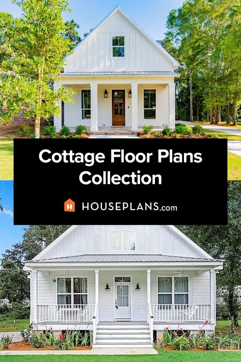 two white cottage house plans - each with a front porch 1000 Sq Ft Cottage House Plans, Cottage With Basement Plans, Open Cottage Floor Plan, Craftsman Small House Plans, Square Cottage House Plans, Simple Cottage House Plans, French Country Tiny House Cottage Style, Vintage Cottage Floor Plans, Small Country Homes Plans