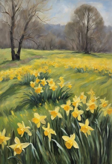 yellow daffodils meadow Check more at https://paintlyx.com/yellow-daffodils-meadow/ Daffodil Field Painting, Daffodil Paintings, Daffodil Aesthetic, Daffodils Aesthetic, Daffodils Painting, Daffodil Painting, Art App, Yellow Daffodils, Art Apps