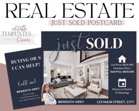 Just Sold Postcard Real Estate Canva Template Just Sold | Etsy Just Sold Real Estate, Sold Real Estate, Marketing Postcard, Transaction Coordinator, Real Estate Postcards, Getting Into Real Estate, Real Estate Agent Marketing, Real Estate Templates, Realtor Marketing