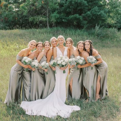 Going green 💚 Featuring our satin bridesmaid dresses in Moss • 👰🏼‍♀️: @nataliewinzenried 📸: @taylormayphotography #birdyinthewild #BIRDYGREY | Instagram Pale Sage Bridesmaid Dresses, Baby Green Bridesmaid Dresses, Moss Green Bridesmaids Dresses, Grey Green Bridesmaid Dresses, Willow Green Bridesmaid Dresses, Brisedmaid Sage Green, Green Grey Bridesmaid Dresses, Bridesmaid Sage Dresses, Moss Green Satin Bridesmaid Dresses