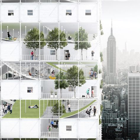 This conceptual scheme by Beomki Lee and Chang Kyu Lee calls for using vacant airspace over buildings to create affordable apartments and public areas. Grid Architecture, Rural Housing, Social Housing Architecture, Co Housing, Collective Housing, Modular Housing, Affordable Apartments, Social Housing, Architecture Presentation