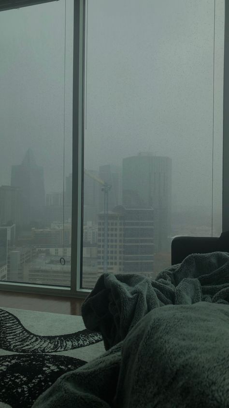 Rainy City Apartment, Rainy Penthouse View, High Rise Apartment Rain, City View Apartment Night Window Rainy, Rainy City Window, Rainy Apartment Aesthetic, My Apartment Aesthetic, Rainy Day Aesthetic Bedroom, Rainy Bedroom Aesthetic