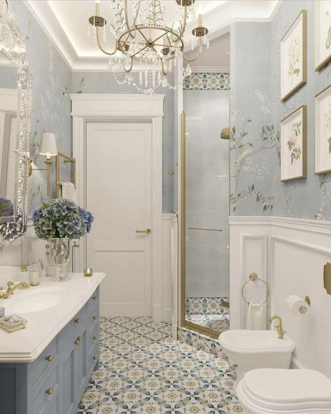 Bilik Air, Bad Inspiration, Classic Bathroom, Bathroom Redo, Dream Bathrooms, Bathroom Wallpaper, Bathroom Renos, House Bathroom, Beautiful Bathrooms