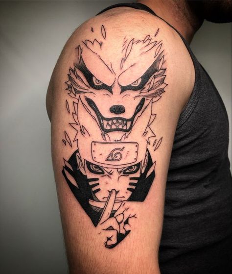 Naruto Uzumaki Tattoo Design, One Piece Shoulder Tattoo, Naruto And Kurama Tattoo Ideas, Naruto Shoulder Tattoo, Naruto Kurama Tattoo Design, Naruto And Kurama Tattoo, Kurama Naruto Tattoo, Naruto Sleeve Tattoo, Naruto Tattoo Sketch