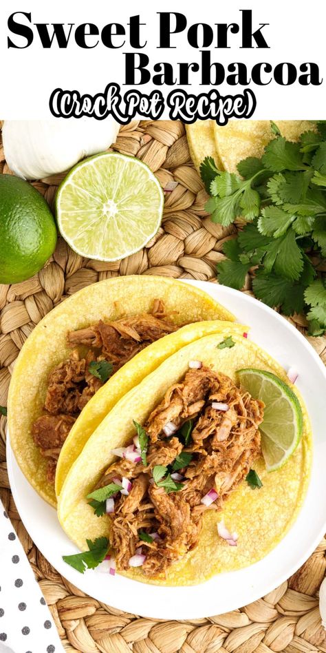 Sweet barbacoa pork cooked in a crockpot is melt-in-your-mouth tender, made with a homemade sauce, and is an easier weeknight dinner that can be served a ton of different ways. Pork Barbacoa Crock Pot, Costa Vida Sweet Pork Recipe, Sweet Pork Tacos, Sweet Pork Barbacoa, Barbacoa Pork, Pork Barbacoa, Barbacoa Crock Pot, Crockpot Pork Shoulder, Pork Roast Crock Pot Recipes