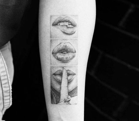 Nice black and grey dotwork tattoo style of Lips (lust love lie) motive done by tattoo artist Balazs Bercsenyi | Post 18297 | World Tattoo Gallery - Best place to Tattoo Arts Lesbian Tattoo, Surreal Tattoo, Inspiration Tattoos, Geniale Tattoos, World Tattoo, Lip Tattoos, Tattoos Gallery, Fine Line Tattoos, Line Tattoos