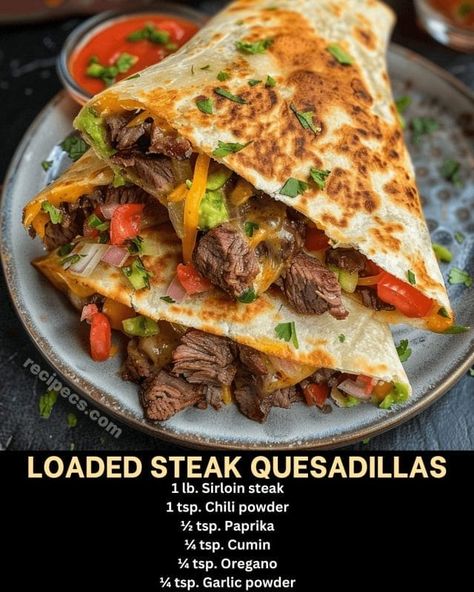 Loaded Steak Quesadillas via @recipecs Steak And Cheese Quesadilla, Cheese Quesadilla Recipes, Steak Quesadillas, Steak And Cheese, Back Strengthening, Classic Beef Stew, Mexican Meals, Cheese Quesadilla, Sirloin Steak