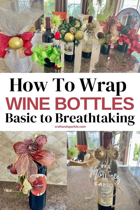 Wine Bottle Gifts Diy, Wine Bottle Accessories, Wine Bottle Christmas Wrapping, Wine Gift Presentation Ideas, Alcohol Gift Wrapping Ideas, How To Gift A Bottle Of Wine, Wrap Wine Bottle Gift Christmas, Gift Wine Ideas, Wine Bottle Gifting Ideas