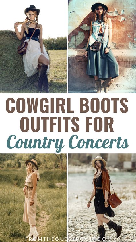 women wear cowgirl boots for country concert, western outfits Skirt Cowgirl Boots Outfit, How To Wear Cowgirl Boots With Jeans, Cowboy Boots Outfit Country, Cowgirl Skirt Outfits, Cowgirl Boots With Jeans, Concert Outfit Skirt, Cowboy Boots Concert, Country Dresses With Cowboy Boots, Outfits With Cowgirl Boots