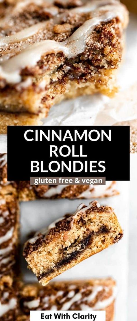 These easy cinnamon roll blondies are vegan, gluten free, dairy free and so easy to make. With a simple cinnamon sugar swirl and finished with a dairy free cream cheese glaze, these taste just like real vegan cinnamon rolls! The best gluten free dessert recipe. Cinnamon Roll Blondies, Cinnamon Desserts, Best Gluten Free Desserts, Cinnamon Roll Pancakes, Dairy Free Cream Cheese, Vegan Cinnamon Rolls, Grain Free Desserts, Vegan Chocolate Cake, Cream Cheese Glaze