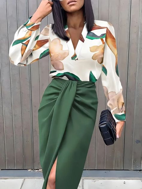 Skirt Set Two Piece, Rock Outfit, Long Bodycon Dress, Ruched Skirt, Top Skirt Set, Green Midi Dress, Looks Chic, Elegant Shirt, Classy Dress