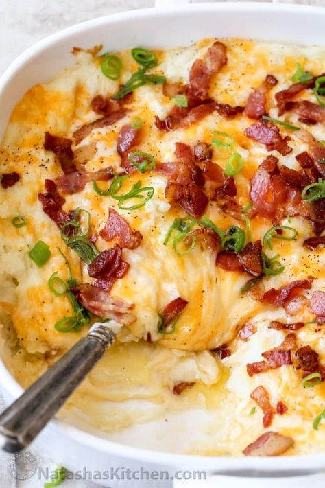 Loaded Mashed Potato Casserole - NatashasKitchen.com Twice Baked Mashed Potatoes, Loaded Mashed Potato Casserole, Meatloaf Casserole, Baked Mashed Potatoes, Mashed Potato Casserole, Loaded Mashed Potatoes, Baked Potato Casserole, Potatoe Casserole Recipes, Loaded Potato