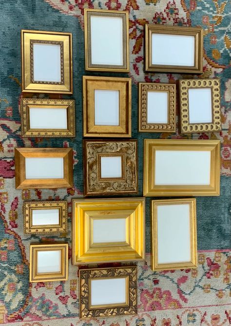 Lot of 15 Small Mixed Gold Frames TO HANG - Etsy Australia Frame Wall Layout, Gold Frame Gallery Wall, Gold Gallery Wall, Geometric Invitations, Gold Photo Frames, Frame Layout, Gold Frame Wall, Gold Frames, Gallery Wall Frames