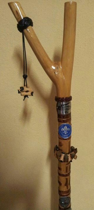 particularly interested in the wood badge beads on the stick instead of a totem shield Baden Powell Scouts, Wood Badge, Hiking Staff, Hand Carved Walking Sticks, Hanger Crafts, Scout Badges, Scout Activities, Wooden Walking Sticks, Scout Leader