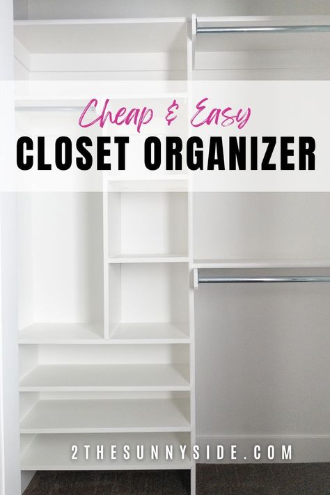 Transform your small closet with our DIY closet makeover guide! Learn how to build inexpensive closet shelves and organizers on a budget. Perfect for small spaces, our plans make it easy to create a functional, cheap and stylish storage system without breaking the bank. Say goodbye to clutter and hello to a beautifully organized closet! The best ideas for a small bedroom closet. Closet Design Layout With Wire Shelves, Cheapest Closet System, Long Closet Shelving Ideas, Wide Closet Organization Ideas, Cheap Closet System, Built In For Small Closet, Small Wall Closet Ideas, Horizontal Closet Ideas, Tiny Closet System