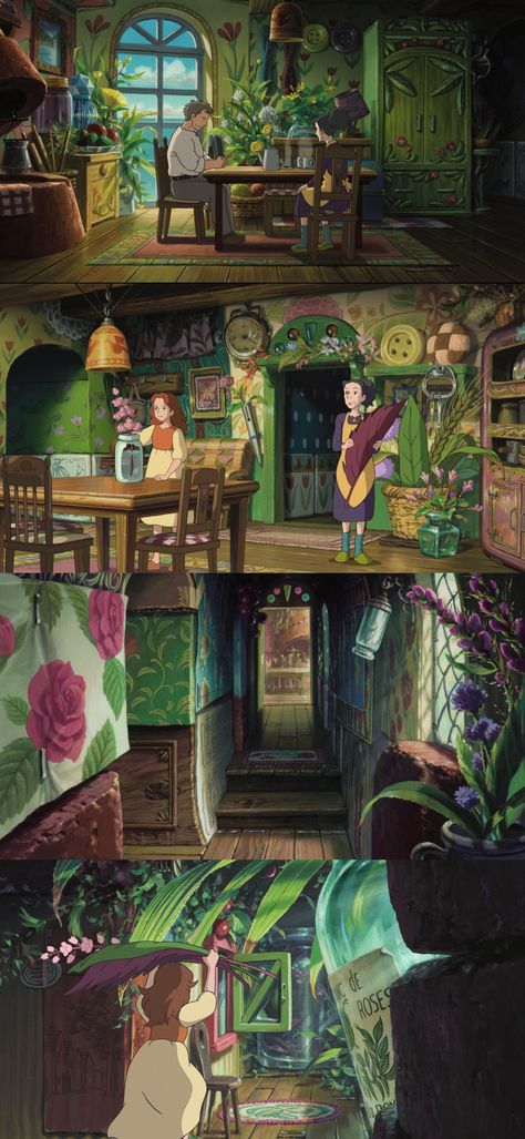 Arrietty Home Interiors Studio Ghibli House Interior, Arrietty Aesthetic Room, Studio Ghibli Interior Design, Ghibli Interior Background, Secret Of Arrietty, Arrietty House Interior, Ghibli Apartment Aesthetic, Studio Ghibli House Aesthetic, The Secret World Of Arrietty House