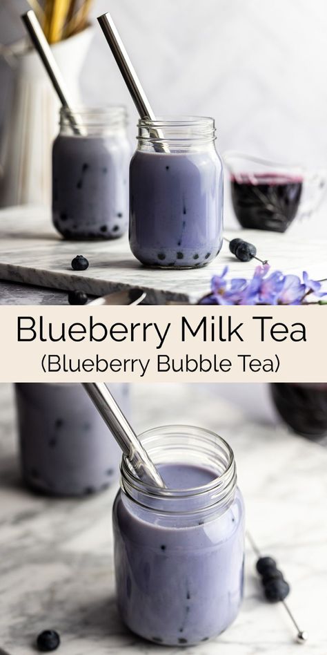 This tasty blueberry milk tea is the easiest blueberry bubble tea recipe. Made with blueberry simple syrup from real blueberries, green tea and milk. Then served over ice with boba pearls. Best Boba Tea Recipes, Milk Bubble Tea Recipe, Blueberry Green Tea Recipes, Healthy Milk Tea Recipe, Vegan Milk Tea, Blueberry Recipes Drinks, Fruity Boba Tea Recipe, Boba Without Tea, Blueberry Milk Tea