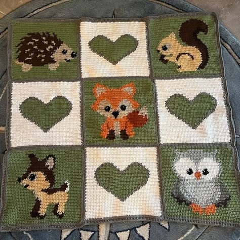 Crochet Woodland Baby Blanket, Woodland Crochet Baby Blanket, Fox Baby Blanket Crochet, Animal Crochet Blanket, Quilt Crochet Pattern, Crochet Animal Blanket, Crochet Blanket Animals, Crochet Woodland Animals, Crochet Forest Animals