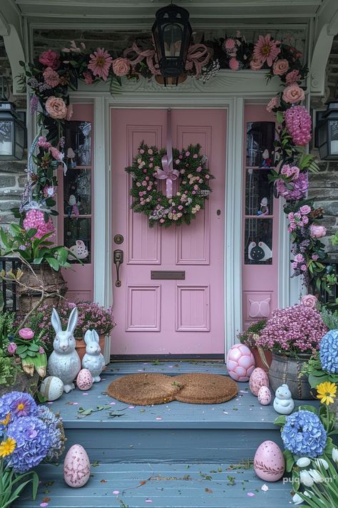 Easter Porch Decor Ideas for a Festive Outdoor Space - Puqqu Easter Front Door Decorations, Front Door Portico, Door Portico, Portico Designs, Front Door Transformation, Door Transformation, Easter Porch, Easter Porch Decor, Front Door Decorations