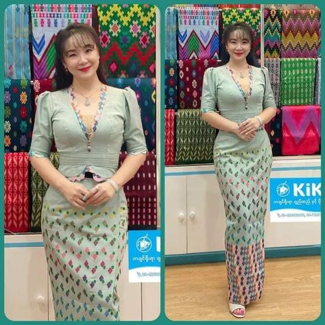 ကချင်ထည် Design, Kachin Dress Design, Kachin Dress, Ladys Dress, Asian Traditional Fashion, Pretty Dresses Casual, Tenun Ikat, Burmese Clothing, Lace Dress Design