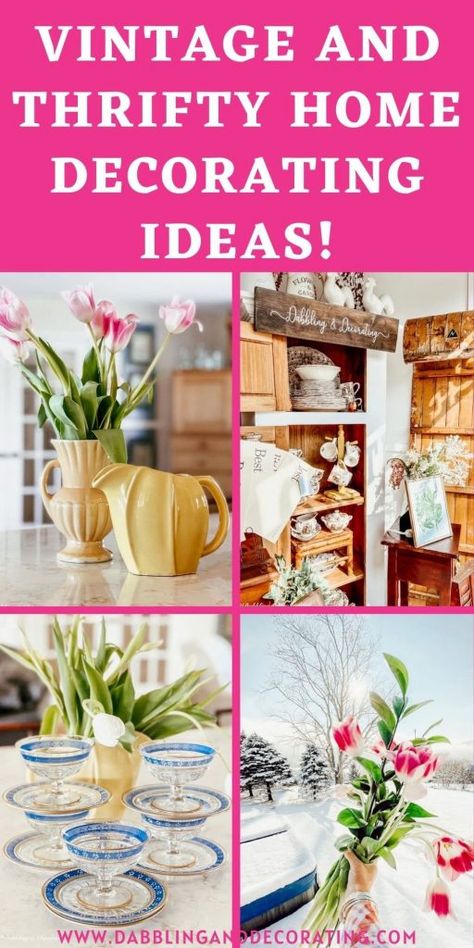 Country Cottage Spring Decor, How To Decorate With Vintage Decor, Vintage Decorating Ideas For The Home, Thrifted Home Decor Diy Ideas, Thrift Store Decorating Ideas, Thrift Decor Ideas, Decorating With Antiques Ideas, Antique Vignettes, Decorating With Vintage Items