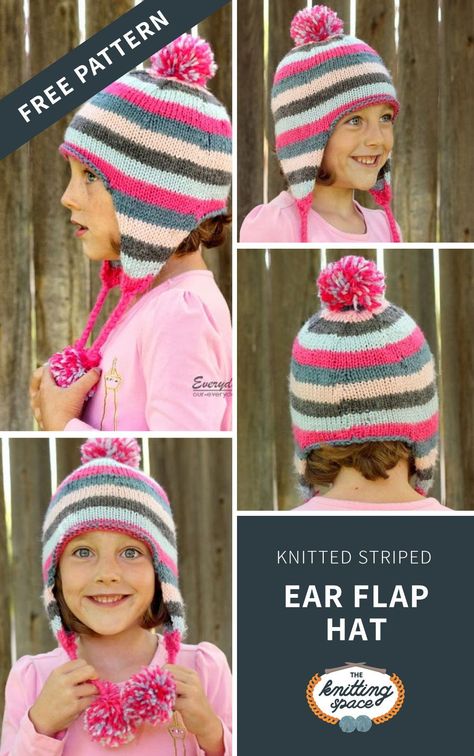 Kepp your kid warm and protected in the outdoors this winter by making this adorable knitted striped hat with snug ear flaps that will provide extra-warmth. This easy knitting pattern is ideal for confident beginner knitters and for those looking for a quick knitting project for the weekend. | Discover over 3,500 free knitting patterns at theknittingspace.com Learn Knitting, Hat Free Knitting Pattern, Quick Knitting Projects, Knitting Space, Winter Knitting Patterns, Fall Knitting Patterns, Easy Knitting Patterns Free, Winter Knitting, Baby Hat Knitting Pattern